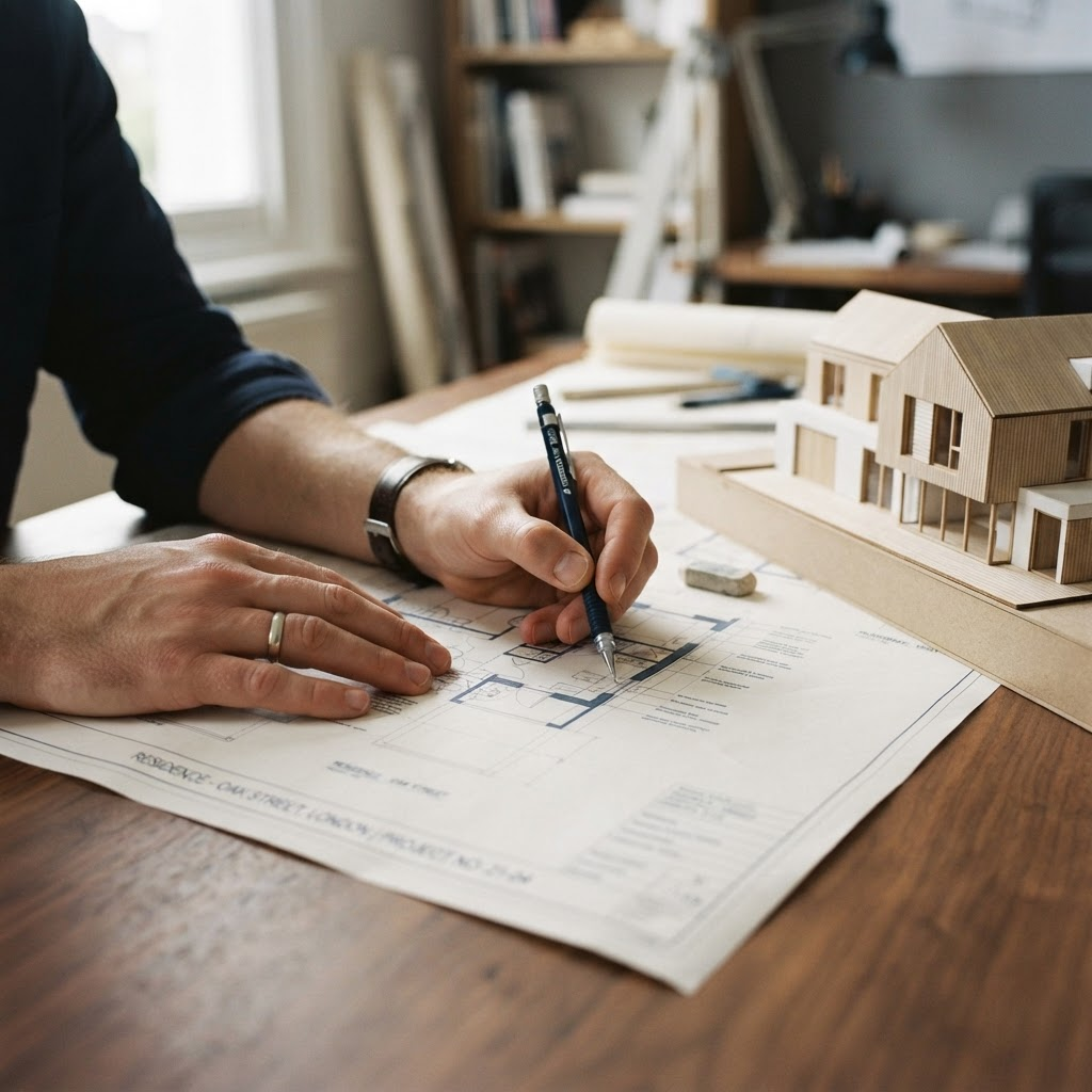 Architectural drawings and a scale model on a walnut table during design review