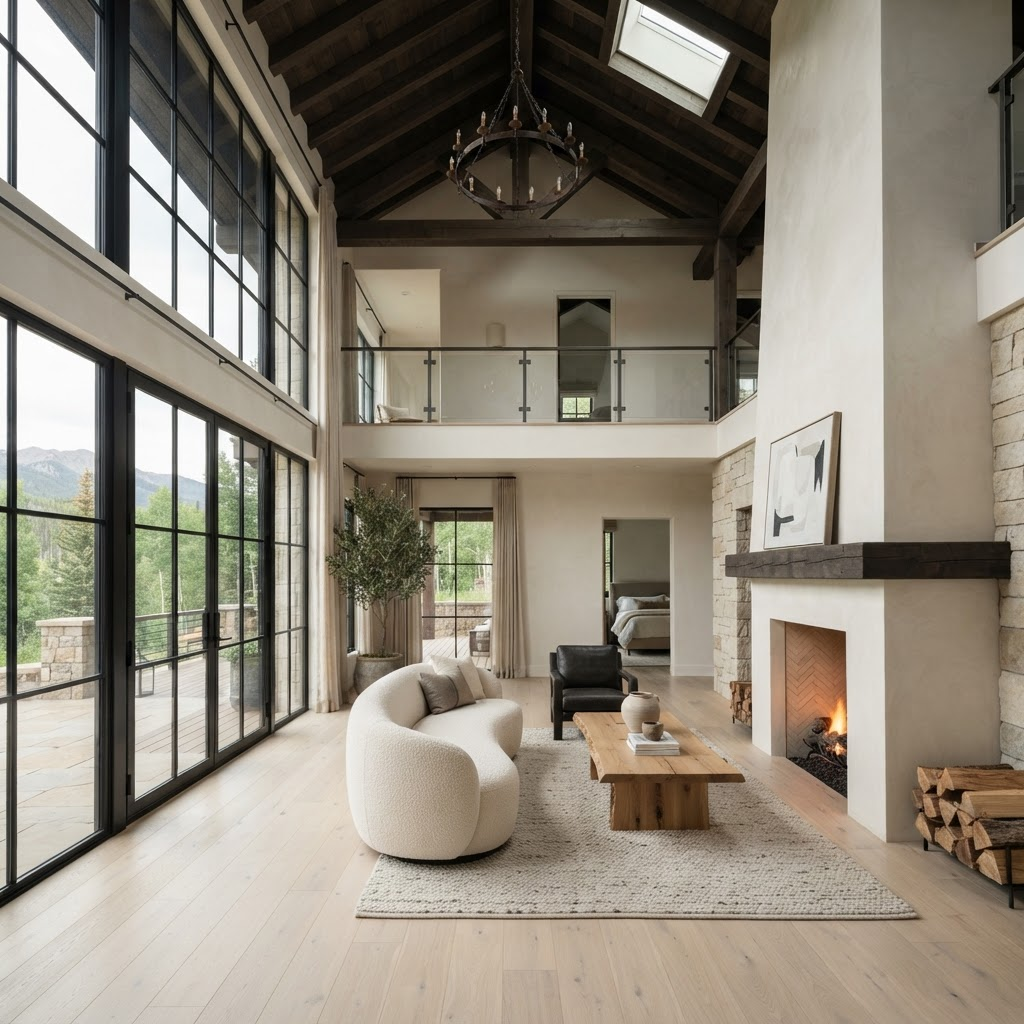 Great room interior with double-height ceiling, wood beams and plaster fireplace