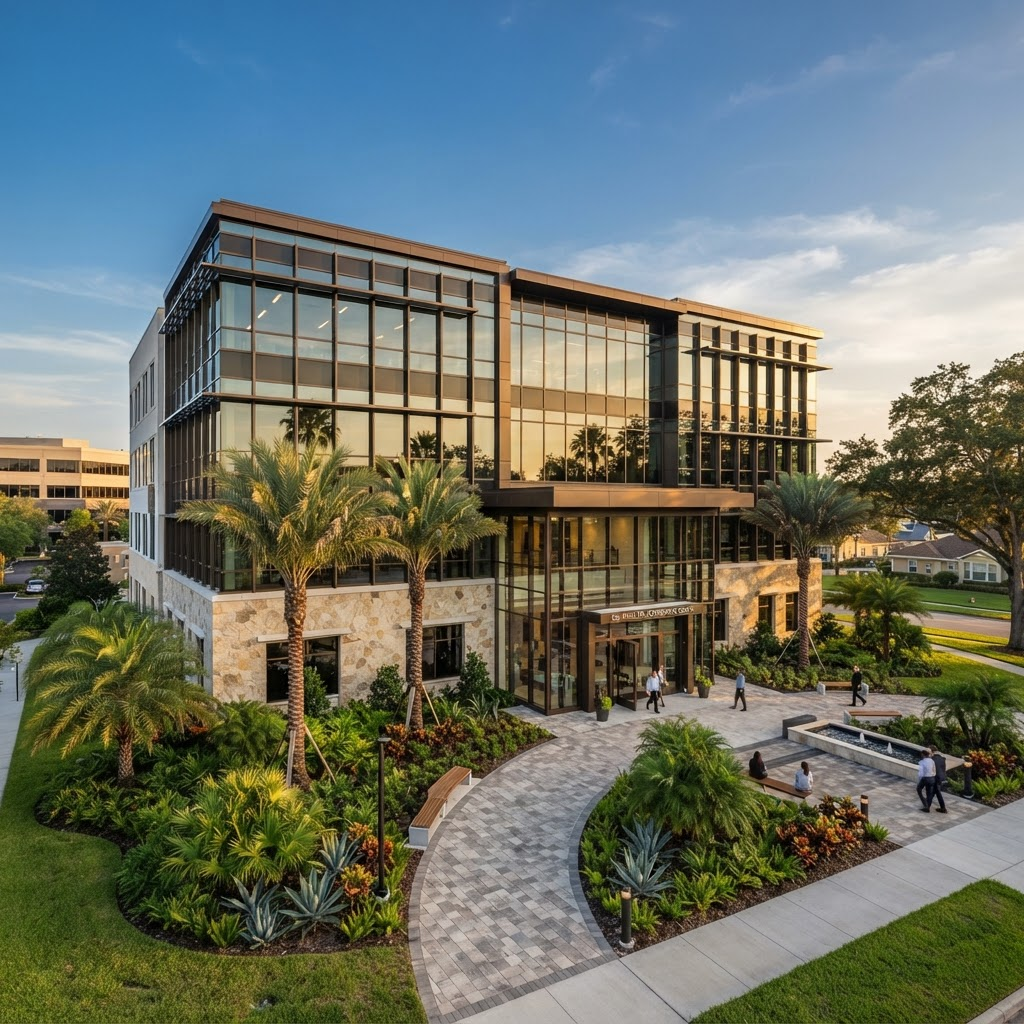Modern glass and bronze commercial office building in Dr. Phillips, Orlando