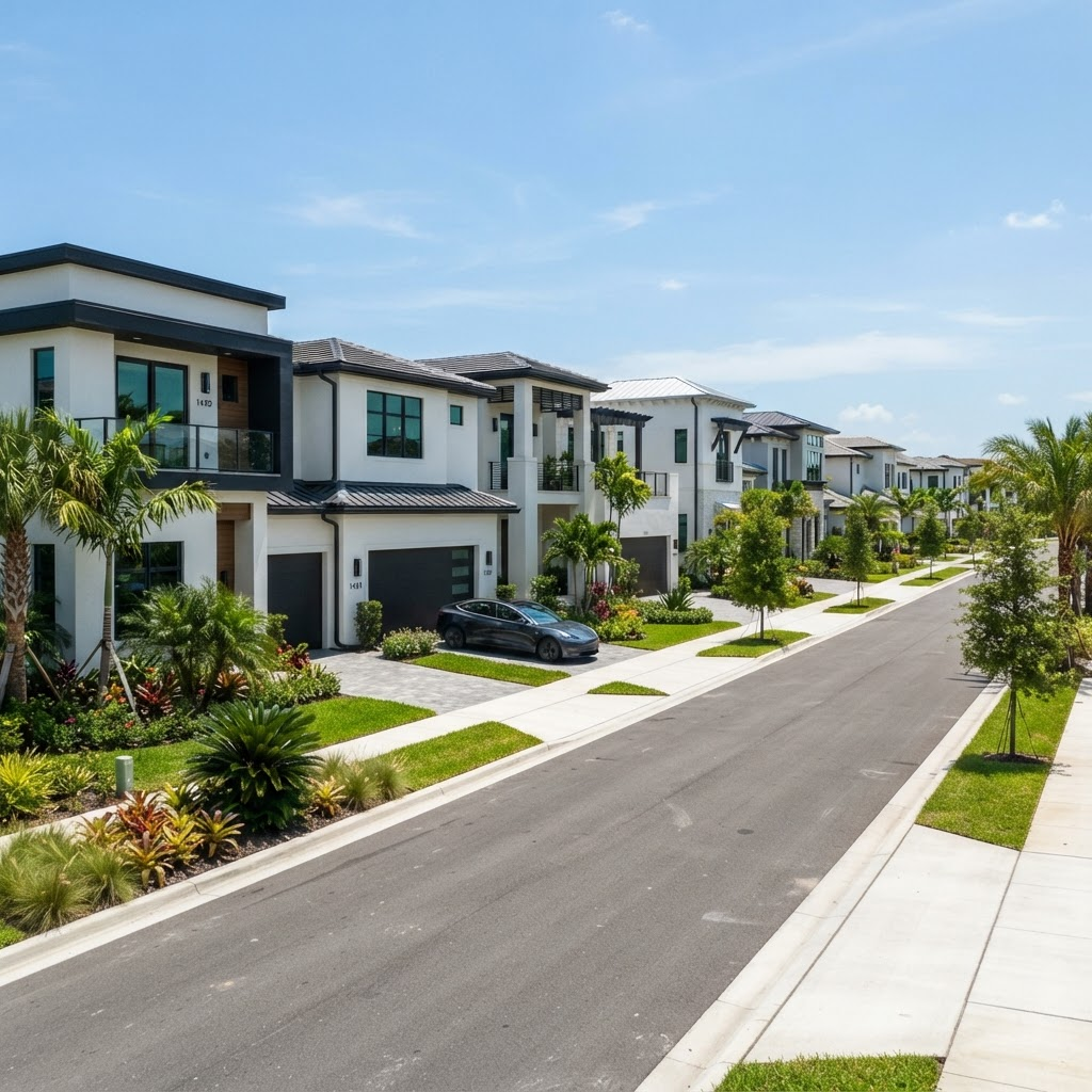 Street view of newly completed contemporary homes in a Florida community