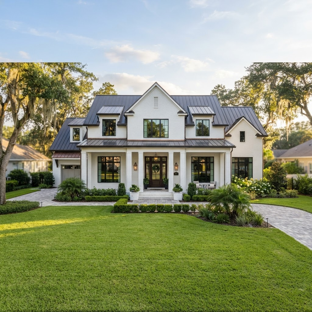 Symmetrical white brick luxury custom home with black windows in Winter Garden, Florida