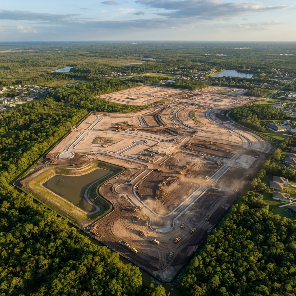 Aerial view of a Florida land development site being graded for a new community